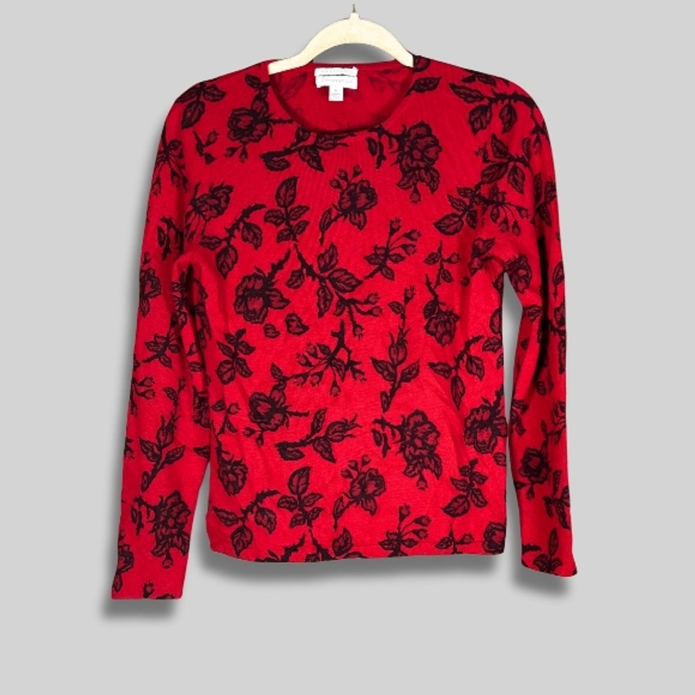 Charter Club Cashmere Sweater 2 Ply Preppy Long Sleeve Roses Print Red Black W M